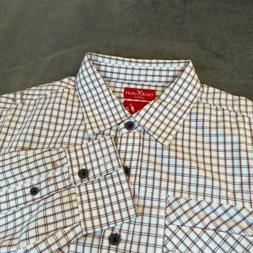 Marc Ecko Unltd Mens Size Medium Red White Plaid Long Sleeve Button Up Shirt